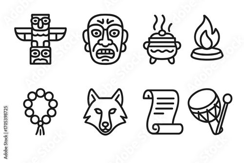 Sacred Symbols Icons. Outline icon set of respect the spirit: totem pole, ceremonial mask, incense burner, sacred flame, prayer