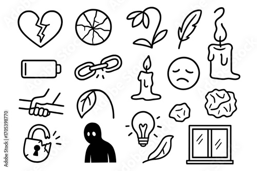 Symbols of Fragility. Hand-drawn doodle illustration vulnerability broken heart, cracked glass, wilting flower, falling feather,