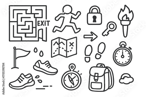 Maze Escape Journey. Hand-drawn doodle illustration maze exit exit door, maze walls, runner, key, lock, map, compass, footprints,