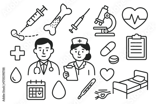 Medical Doodle Icons. Hand-drawn doodle illustration bone marrow biopsy syringe, bone marrow, needle, microscope, doctor, nurse,