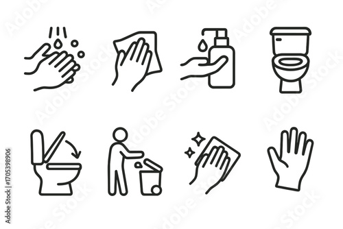 Hygiene Actions Icon Set. Outline icon set of hygiene actions: washing hands, drying hands, using sanitizer, flushing toilet,