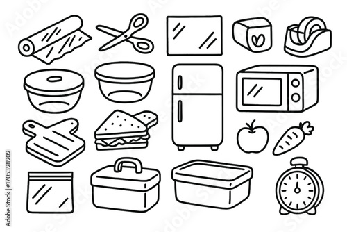 Food Storage Essentials. Hand-drawn doodle illustration Food wrapping essentials roll of plastic wrap, scissors, cling film, tape