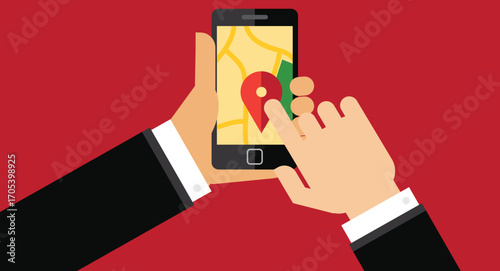 illustration of hands pointing at a map displayed on a smart device screen, symbolizing navigation, travel, and technology
