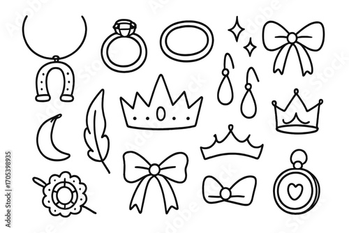 Jewelry Doodle Icons. Hand-drawn doodle illustration symbolic adornment charm, amulet, necklace, ring, bracelet, earrings, crown,