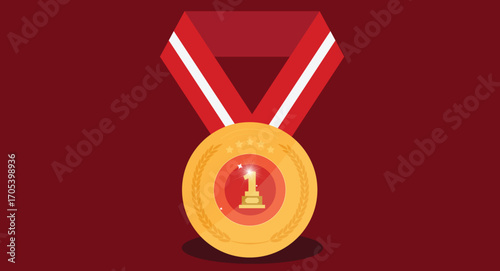 Flat design illustration of a gold first place medal with a red ribbon, symbolizing victory, achievement, and excellence in competitions, designed in a sleek and minimalist style.