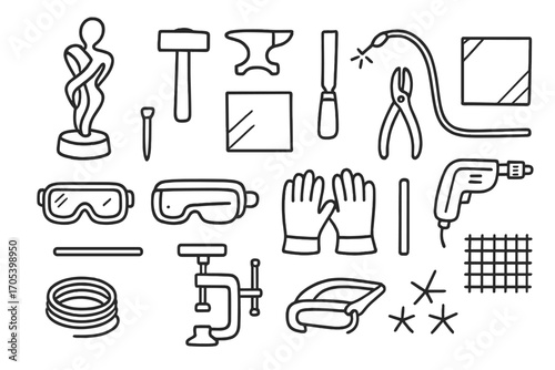 Metalworking Tools Icons. Hand-drawn doodle illustration metal sculpture hammer, chisel, anvil, metal sheet, welding torch, pliers