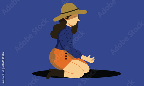 Flat design illustration of a girl wearing a hat while sitting down, featuring a calm and relaxed posture, symbolizing leisure, fashion, and a peaceful moment in a clean and minimalist style.