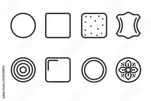 Coaster Icon Set. Outline icon set of coaster: round coaster, square coaster, cork coaster, leather coaster, wooden coaster, glass