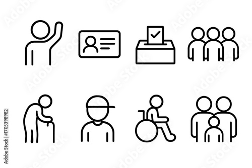 Election Voter Icons. Outline icon set of election voters: person with raised hand, ID card, ballot paper, crowd, elderly voter,