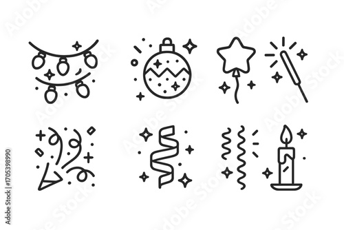 Festive Sparkle Icons. Outline icon set of sparkle in festive decorations: fairy lights, glittery ornament, confetti, star-shaped