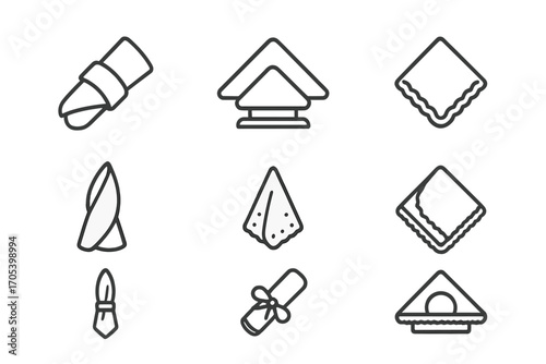 Napkin Accessories Icons. Outline icon set of napkin accessories: napkin ring, holder stand, embroidered edge, printed pattern,