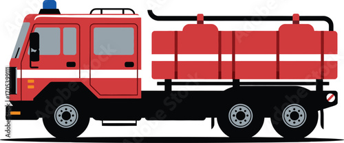 Red fire truck with water tanks isolated on white background