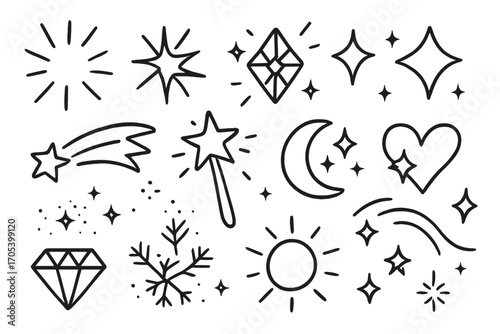 Magic Doodle Icons. Hand-drawn doodle illustration radiant sparkle light rays, sparkle burst, shining gem, star, twinkle, magic