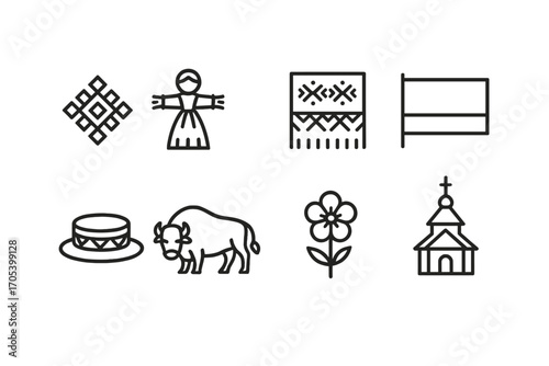 Belarusian Culture Icons. Outline icon set of Belarusian culture: national ornament, straw doll, traditional embroidery, Belarus
