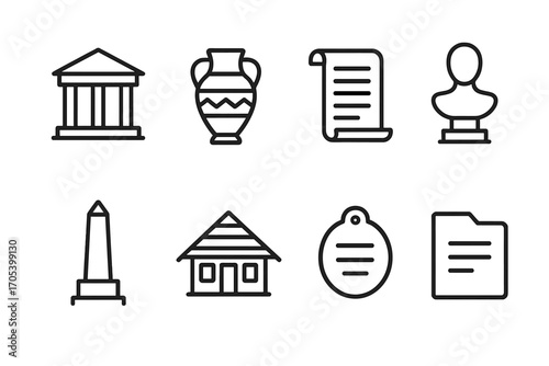 Cultural Heritage Icons. Outline icon set of cultural heritage: museum, artifact, ancient manuscript, sculpture, monument,