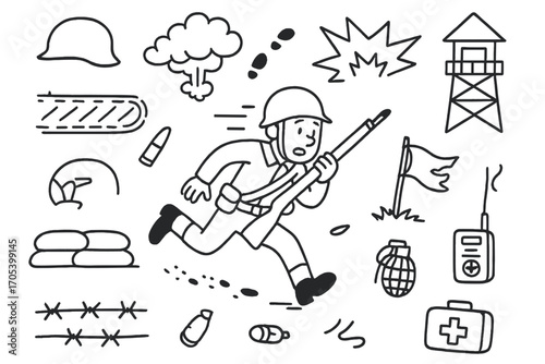 Soldiers' Retreat Sketch. Hand-drawn doodle illustration Soldiers fleeing the battlefield soldier running, helmet, rifle, smoke