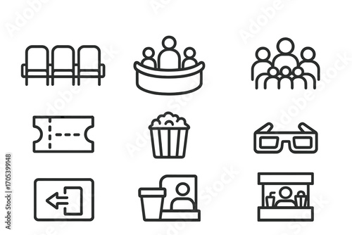 Theater Icon Set. Outline icon set of theater seating and audience: theater seats, balcony, ticket stub, crowd silhouette, popcorn