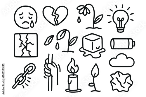 Symbols of Emotional Fragility. Hand-drawn doodle illustration emotional weakness sad face, tear drop, broken heart, wilting