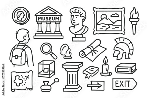 Museum Exploration Icons. Hand-drawn doodle illustration Historical museum exploration museum building, visitor with backpack,