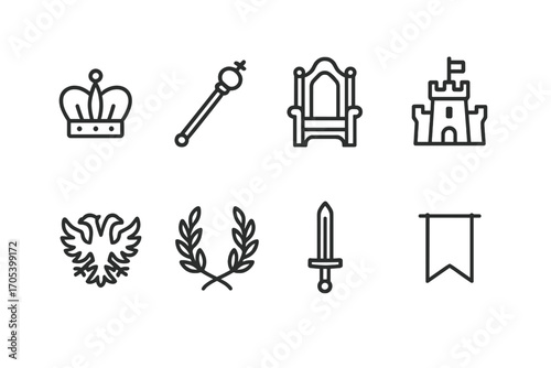Empire Icon Set. Outline icon set of empire themes: crown, scepter, throne, castle, eagle, laurel wreath, sword, banner. Line