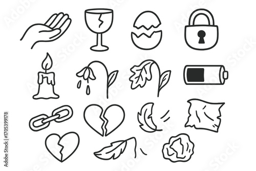 Symbols of Fragility. Hand-drawn doodle illustration vulnerability and feebleness open hand, fragile glass, cracked shell, broken