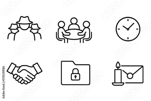 Secret Meeting Icons. Outline icon set of secret meetings and plots: shadowy figures, round table, map with pins, clock, handshake