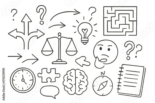 Decision Conundrum Doodles. Hand-drawn doodle illustration decision conundrum scales, question marks, arrows, crossroads, maze,