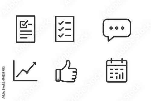 Feedback Icons Set. Outline icon set of summit feedback and evaluation: survey form, checklist, star rating, comment bubble, graph