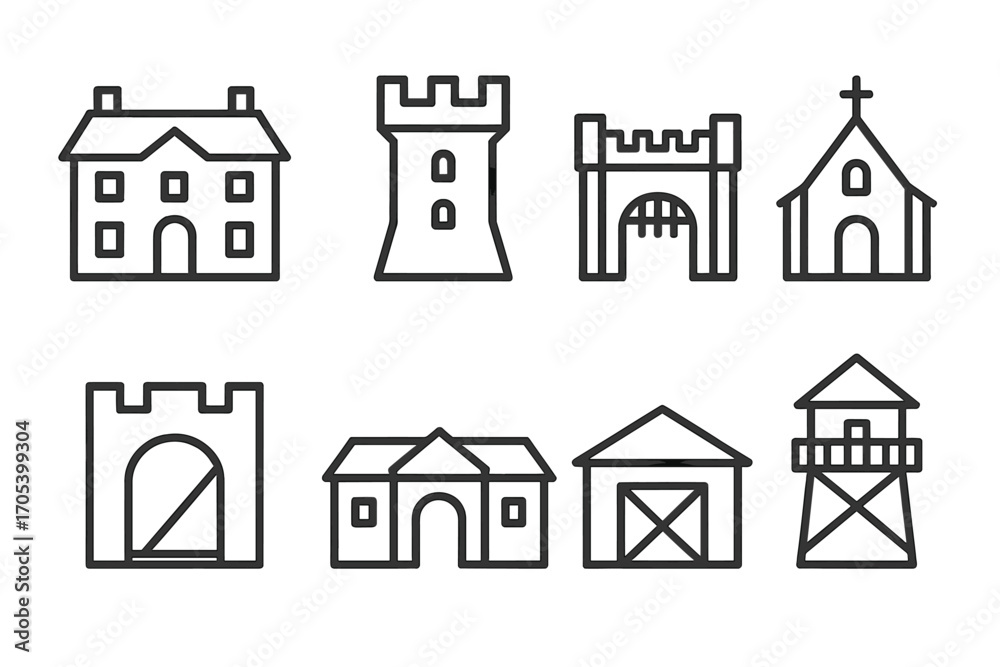 Fototapeta premium Noble House Icons. Outline icon set of noble house architecture: manor house, castle tower, gatehouse, chapel, drawbridge,
