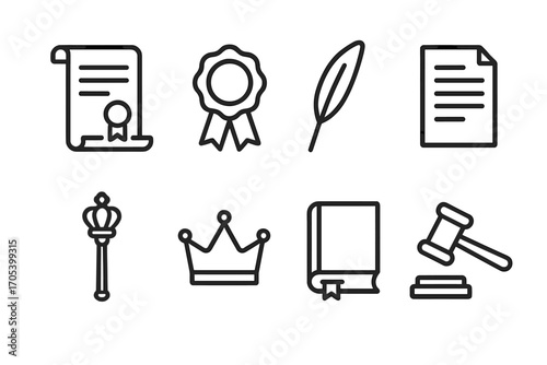 Royal Icon Set. Outline icon set of royal decree and law: scroll, wax seal, quill, document, scepter, crown, book, gavel. Line