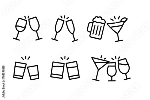 Glassware Icon Set. Outline icon set of clinking glasses: wine glass, champagne flute, beer mug, cocktail glass, shot glass,