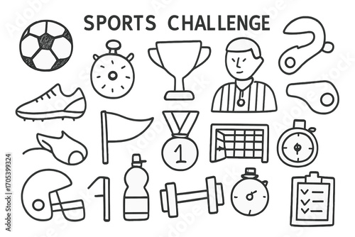 Sports Doodle Icons. Hand-drawn doodle illustration sports challenge soccer ball, stopwatch, trophy, whistle, running shoes, flag,