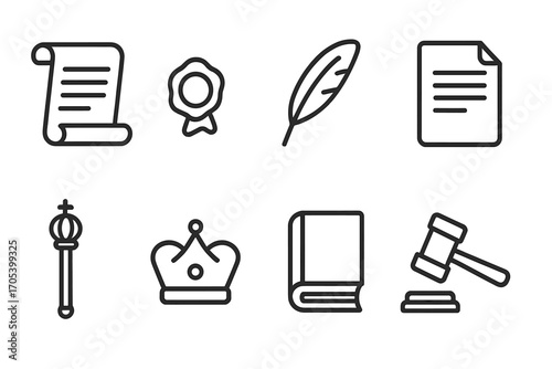 Royal Icon Set. Outline icon set of royal decree and law: scroll, wax seal, quill, document, scepter, crown, book, gavel. Line
