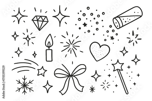 Sparkling Doodle Icons. Hand-drawn doodle illustration glitter shine sparkling stars, diamond, light rays, glitter tube, confetti,