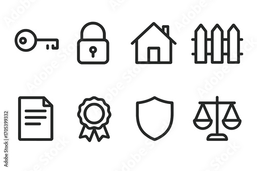 Property Rights Icons. Outline icon set of property rights: key, lock, house, fence, document, seal, shield, scales of justice.