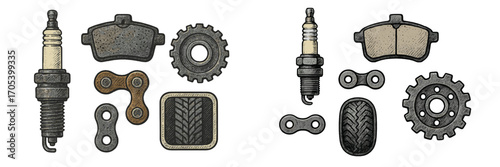 Automotive and motorcycle spare parts: spark plugs, brake pads, gears, chain links