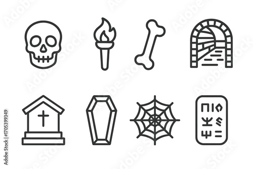 Catacomb Icon Set. Outline icon set of catacomb elements: skull, torch, bone, underground tunnel, crypt, coffin, spider web,
