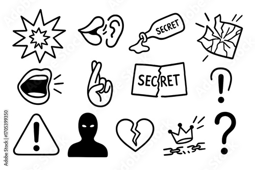 Explosive Secrets Icons. Hand-drawn doodle illustration explosive secrets explosion icon, whispering lips, broken mask, spilled