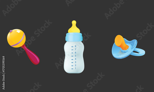 Flat design illustration of baby elements including a sucker, baby bottle, and shaker, symbolizing infant care, essentials, and nurturing in a soft, playful, and minimalist style.