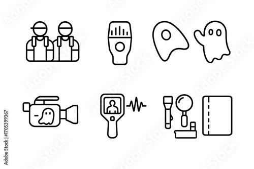 Paranormal Icon Set. Outline icon set of paranormal investigations: ghost hunters, EMF meter, spirit communication, EVP session,