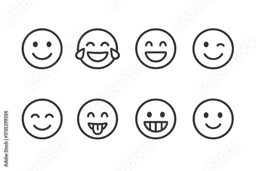 Laugh Icon Set. Outline icon set of laugh expressions: smiling face, laughing tears, open mouth smile, wink, chuckle, funny emoji,