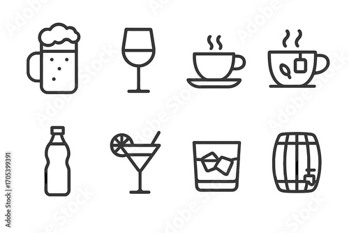 Czech Beverage Icons. Outline icon set of Czech beverages: pilsner beer, wine glass, coffee cup, herbal tea, mineral water bottle,
