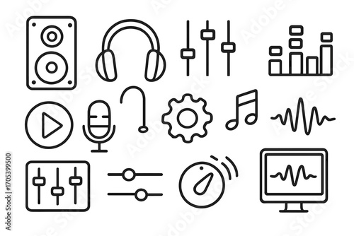 Audio Icons Doodle. Hand-drawn doodle illustration audio preset speaker, headphones, sliders, equalizer, play button, microphone,