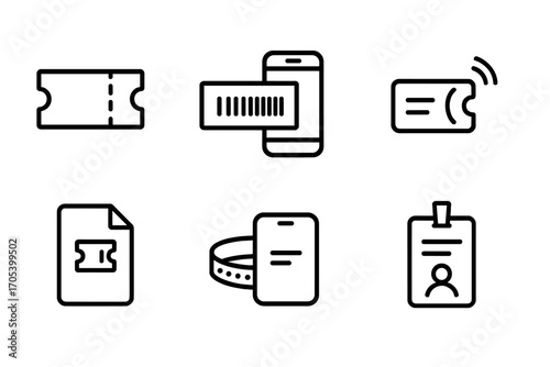 Ticket Icons Set. Outline icon set of ticket formats: paper ticket, e-ticket, mobile ticket, RFID ticket, printable PDF, wristband