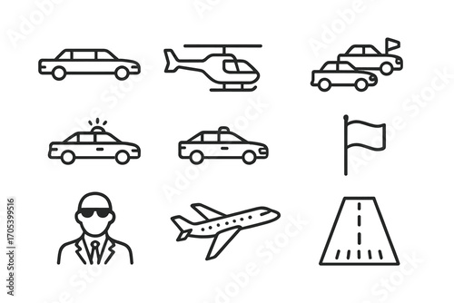 Presidential Transport Icons. Outline icon set of presidential transport: limousine, helicopter, motorcade, security car, jet,