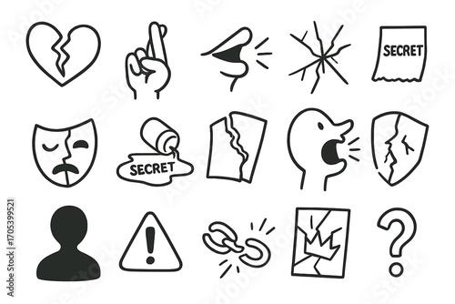 Betrayal and Scandal Icons. Hand-drawn doodle illustration betrayal and scandal broken heart, crossed fingers, whispering lips,