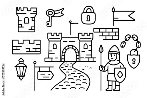 City Gate Doodle. Hand-drawn doodle illustration city gate gate, archway, tower, flag, wall, key, lock, road, cobblestone, lantern
