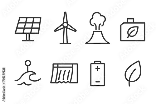 Renewable Energy Icons. Outline icon set of renewable energy: solar panel, wind turbine, geothermal vent, biomass plant, wave