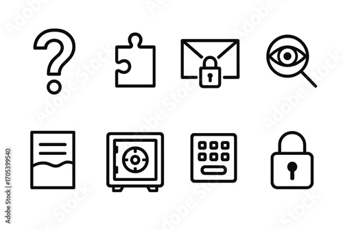 Mystery Icons Set. Outline icon set of mystery and clues: question mark, puzzle piece, secret envelope, magnified eye, hidden