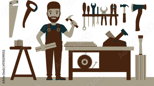 Cartoon carpenter with tools in workshop illustration
